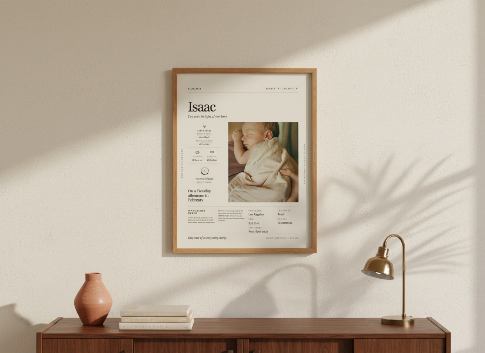 A framed Sunday80s baby memory print hanging on a sunlit living-room wall above a walnut credenza